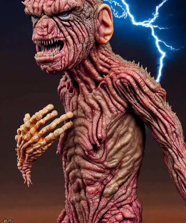 Image similar to hyperrealistic rendering, epic boss battle, cronenberg flesh monster ted cruz, by art of skinner and richard corben, product photography, collectible action figure, sofubi, hottoys, storm clouds, outside, lightning