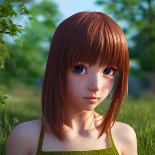 Prompt: Render of a very beautiful 3d anime girl, long hair, hazel eyes, cute freckles, full round face, short smile, cute sundress, golden hour, serene forest setting, medium shot, mid-shot, highly detailed, trending on Artstation, Unreal Engine 4k