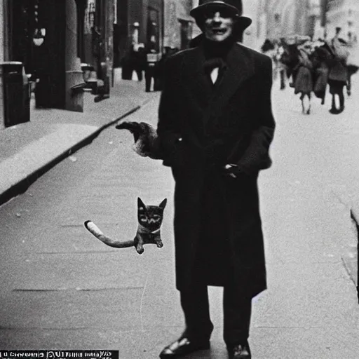 Prompt: futuristic time traveller with cat companion on his shoulder, in 1 9 3 0 s new york, shot on old film, black and white