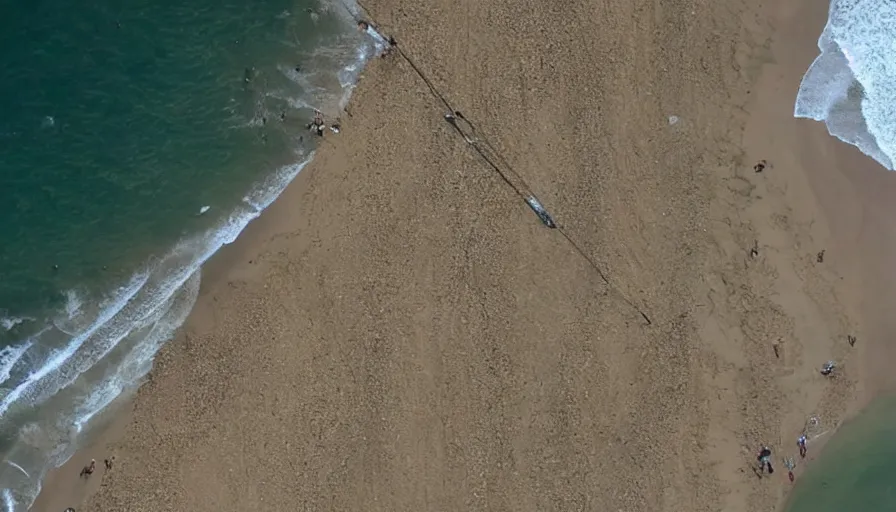 Prompt: CNN news footage taken from above. A huge Spaghetti Monster is washed up on the beach.