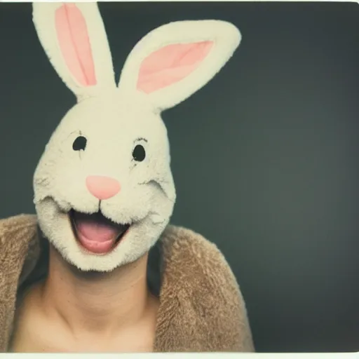Image similar to grainy head to shoulder portrait Polaroid film photograph of a man wearing a bunny costume. looking at the camera!!. super resolution. Extremely detailed. Polaroid 600 film. by Annie Leibovitz and Richard Avedon