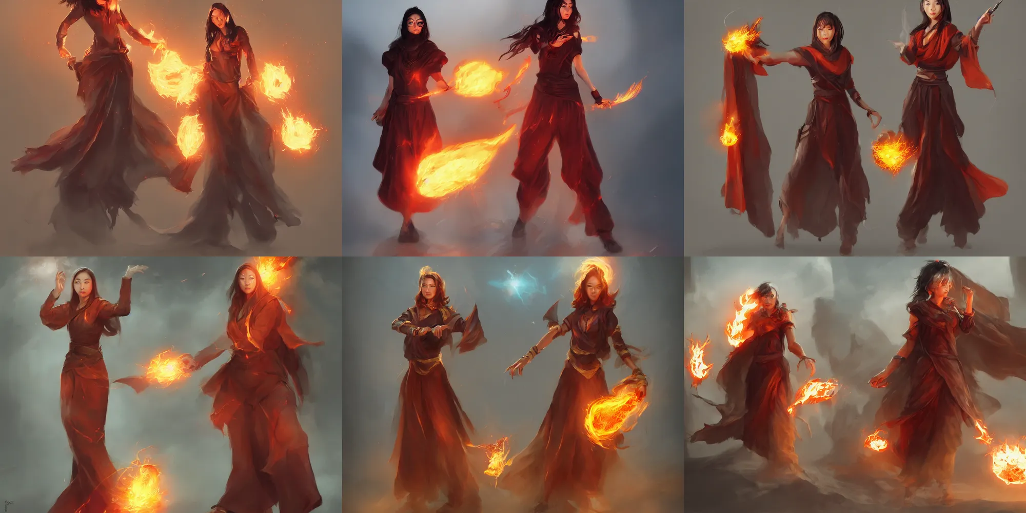 Prompt: female asian sorcerer wearing culottes next to a fireball, concept art, matte painting, masterpiece, artstation, cgsociety