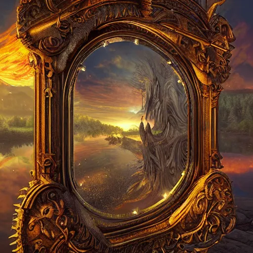 Image similar to a spell binding mirror, epic mystical background by Keith Thompson and Christopher Bretz, highly detailed, digital painting, HDRI, vivid colors, high contrast, 8k resolution, intricate, photorealistic, smooth