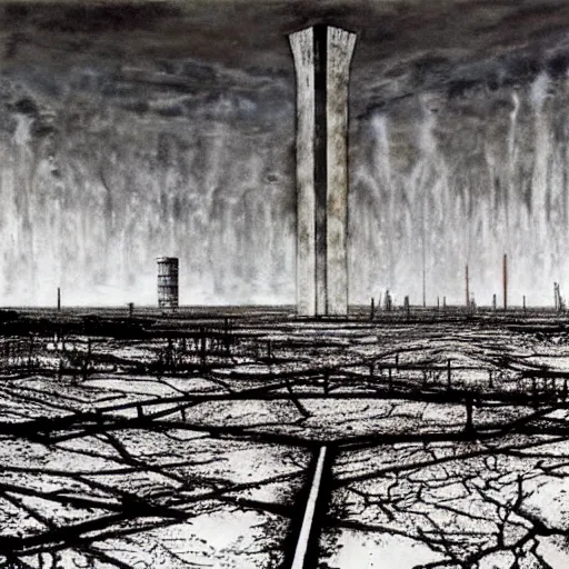 Image similar to barren city, nuclear wasteland, Fallout aesthetic, Anselm Kiefer