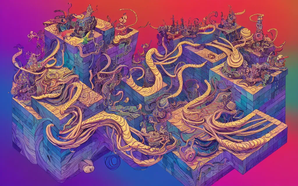 Image similar to twisted turn of fate abstraction, centered award winning ink pen illustration, isometric abstract illustration by dan mumford, edited by craola, technical drawing by beeple and tooth wu, tiny details by artgerm and watercolor girl, symmetrically isometrically centered