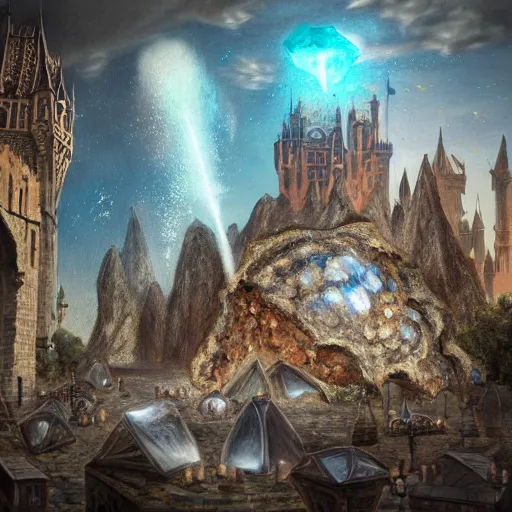 Image similar to A Giant magical gem meteorite in the middle the plaza of a medieval city, beautiful, concept art, sharp focus, highly detailed, intricate, still, photograph, fantasy, medieval, midday, day, sunny, shimmering, realistic, 8k, award winning, trending on artstation, Dungeons and dragons, tabletop, in the style of Wizards of the coast
