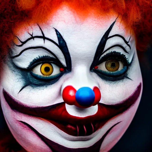 Image similar to photo of a beautiful creepy female clown, highly detailed, 8 k, hdr, close up, smooth, sharp focus, high resolution, award - winning photo