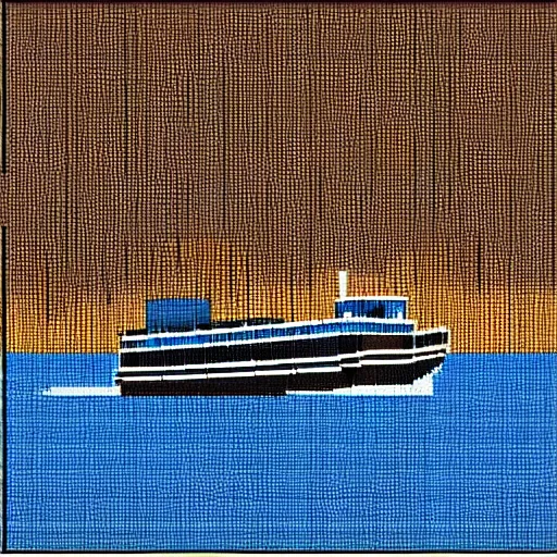 Prompt: a blue white black ferry at the sea, pixelart