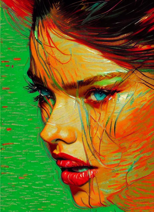 Image similar to close up portrait of adriana lima, sensual, ecstatic, shades green and red, beautiful face, rule of thirds, intricate outfit, spotlight, by greg rutkowski, by jeremy mann, by francoise nielly, by van gogh, digital painting