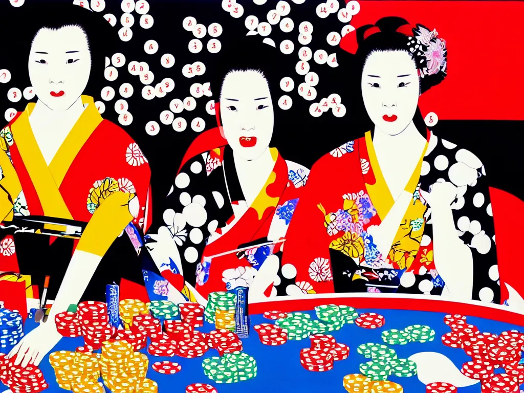 Image similar to hyperrealistic composition of the woman in a japanese kimono sitting at a poker table with darth vader, fireworks, mount fuji on the background, pop - art style, jacky tsai style, andy warhol style, acrylic on canvas