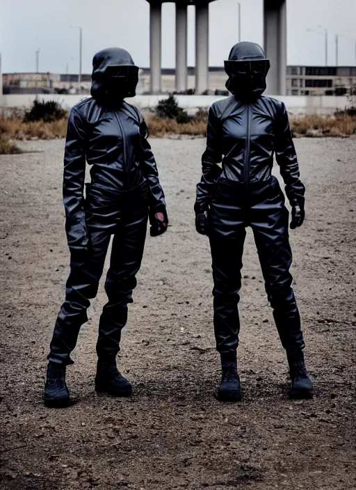 Image similar to cinestill 5 0 d photographic portrait of two loving clones, techwear women on a desolate plain, a brutalist metal building in the background, depth of field, 4 k, 8 k, hd, full color