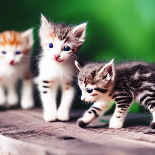 Prompt: macro photograph of tiny kittens walking on a wood table