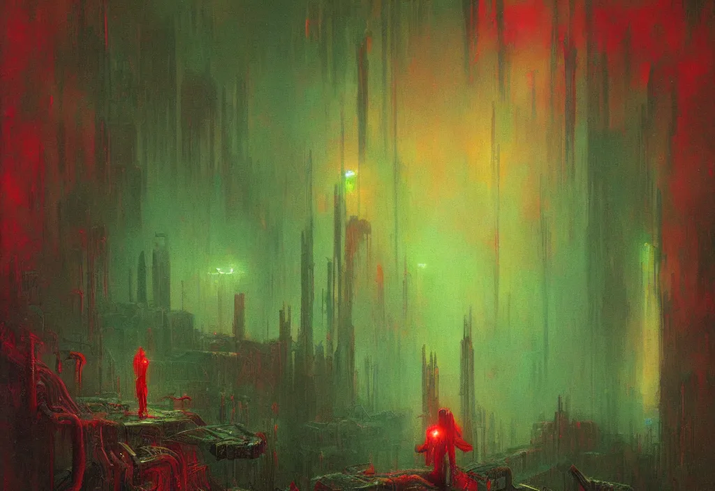 Image similar to blind endless disappointment of crying souls in crack of humanity dissolution, red and green palette, volume light, fog, by ( h. r. giger ) and paul lehr