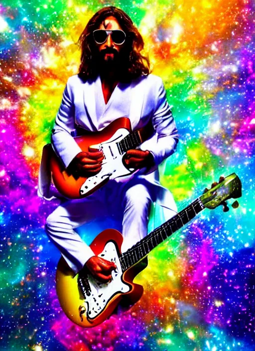 Image similar to Jesus playing guitar wearing shades & white suit, melting colors, nebula, cosmos, space, 4x upscaled, psychedelic, spiritual art, light language coming from the guitar