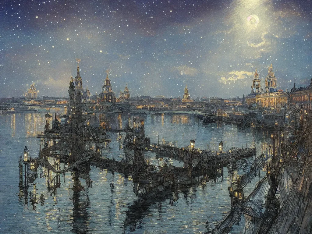 Prompt: a view from the neva river in saint petersburg at night with the sky full of stars, intricate, elegant, highly detailed, digital painting, artstation, concept art, smooth, sharp focus, colored illustration for tattoo, art by krenz cushart and artem demura and alphonse mucha,