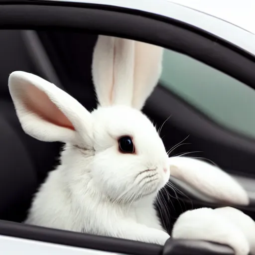 Image similar to a cute bunny driving a convertible, studio photo, high quality