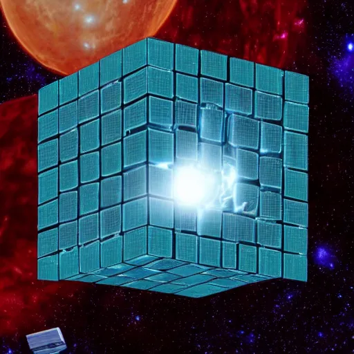 Image similar to very detailed borg cube flying through outer space leaving nothing but terror in it\'s wake