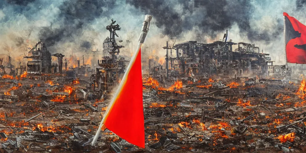 Prompt: a lego toy standing with red flag in a post-apocalyptic city, everything is burning, oil on canvas, by ivan shishkin