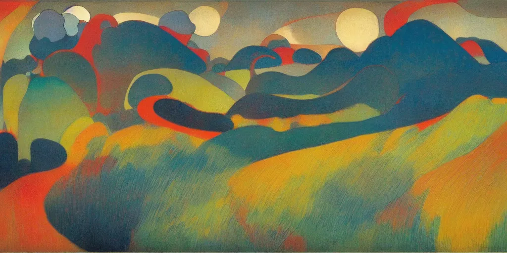 Image similar to An insane, modernist landscape painting. Wild energy patterns rippling in all directions. Curves, organic, zig-zags. Mountains, clouds. Rushing water. Waves. Psychedelic dream world. Odilon Redon. Alex Katz.