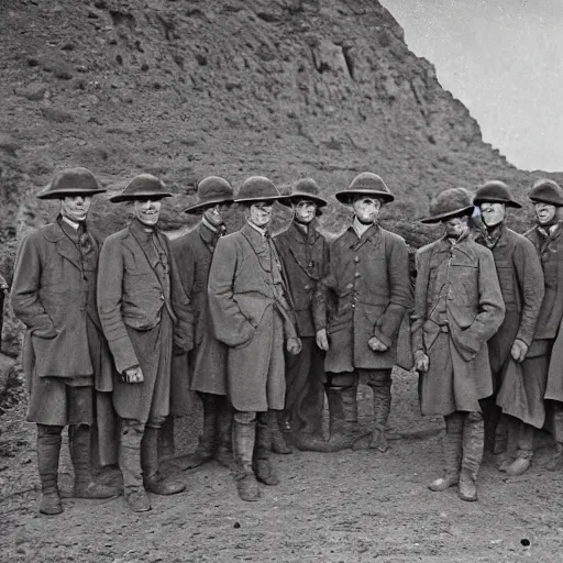 Prompt: a detailed photorealistic sepia - toned photo of a 1 9 1 7 clean - shaven british soldiers standing with bedouin traders, ultra realistic, painted, intricate details, lovecraft, atmospheric, dark, horror, brooding, highly detailed, by clyde caldwell