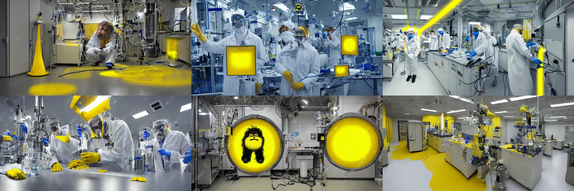 Prompt: hairy monster in laboratory clean room, photolithography, yellow lighting, steel uhv chamber, photorealistic