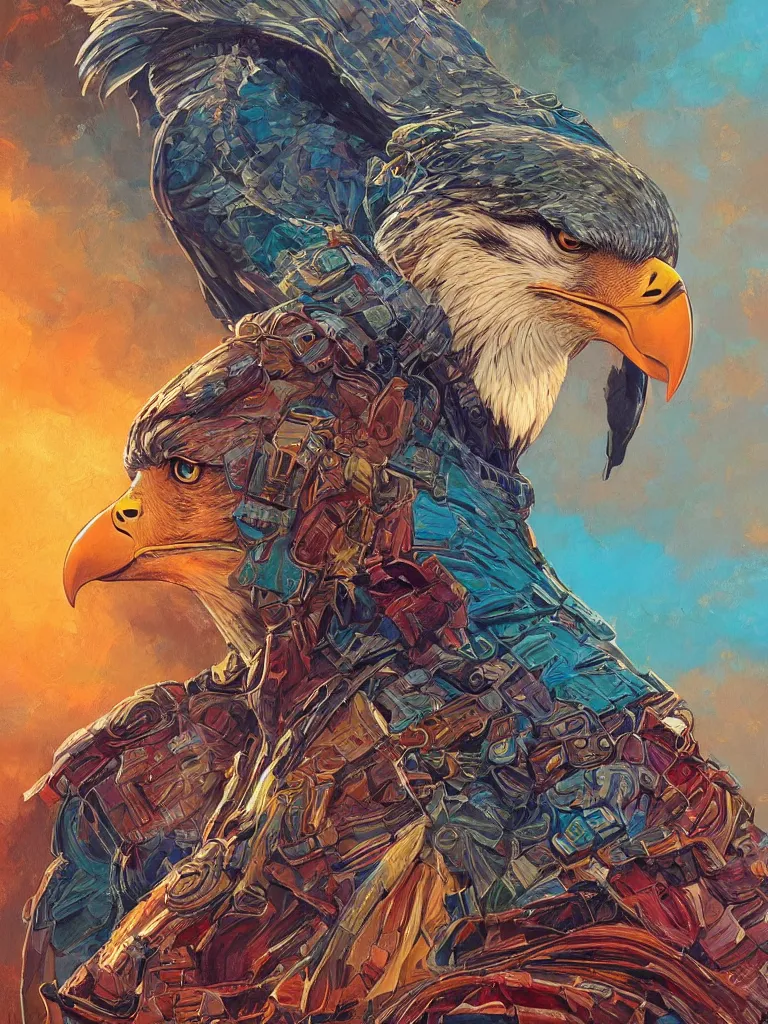 Image similar to realistic photo of an eagle!! noble hero portrait, in rogue attire, by jack kirby italo calvino roger dean and alena aenami