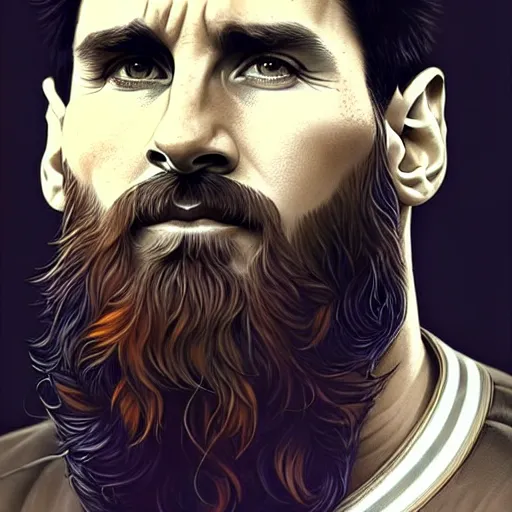 Image similar to Lionel Messi with a majestic beard, closeup, D&D, fantasy, intricate, elegant, highly detailed, digital painting, artstation, concept art, matte, sharp focus, illustration, art by Artgerm and Greg Rutkowski and Alphonse Mucha