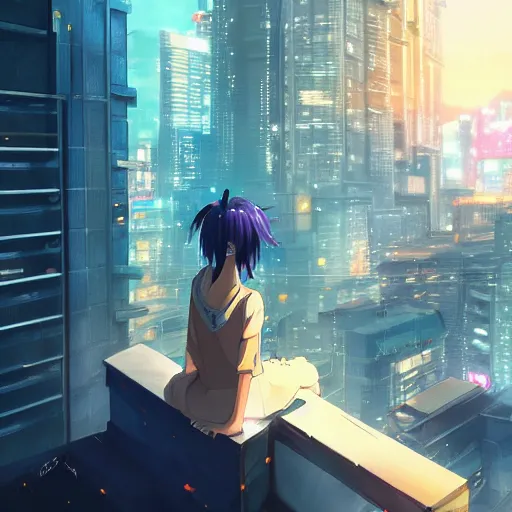 Image similar to beautiful anime painting of a woman with dark - blue hair sitting on a rooftop in a cyberpunk city, nighttime, by makoto shinkai, kimi no na wa, artstation, atmospheric, high detail