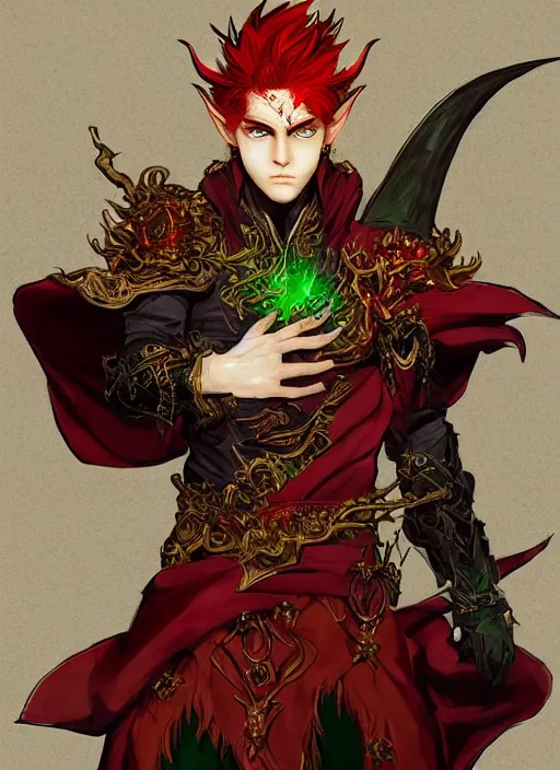 Image similar to Half body portrait of a handsome young red haired elven monk prince with dragon eyes, red, green and gold ornate robe. In style of Yoji Shinkawa and Hyung-tae Kim, trending on ArtStation, dark fantasy, great composition, concept art, highly detailed.