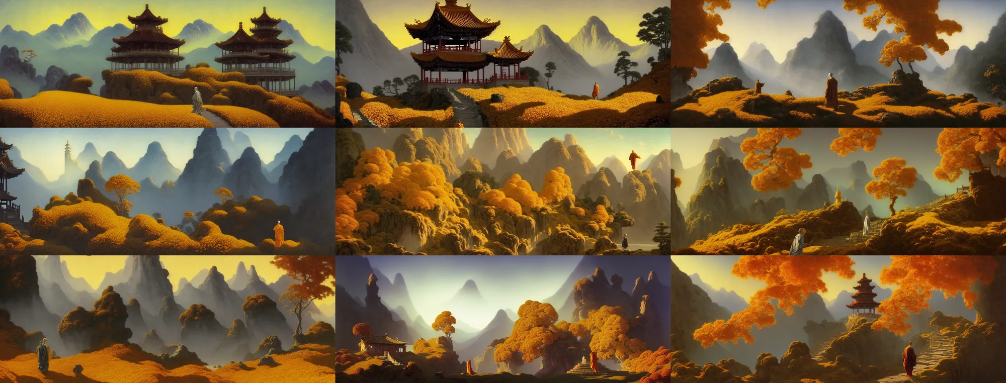 Prompt: a gorgeous golden fall landscape painting by barlowe wayne, maxfield parrish and marco mazzoni. an abandoned chinese temple. clouds and mist among the mountains. a lonely chinese grey blue monk walks on the winding stone steps, 3 d, octane render, turbulent blood lake, 8 k.