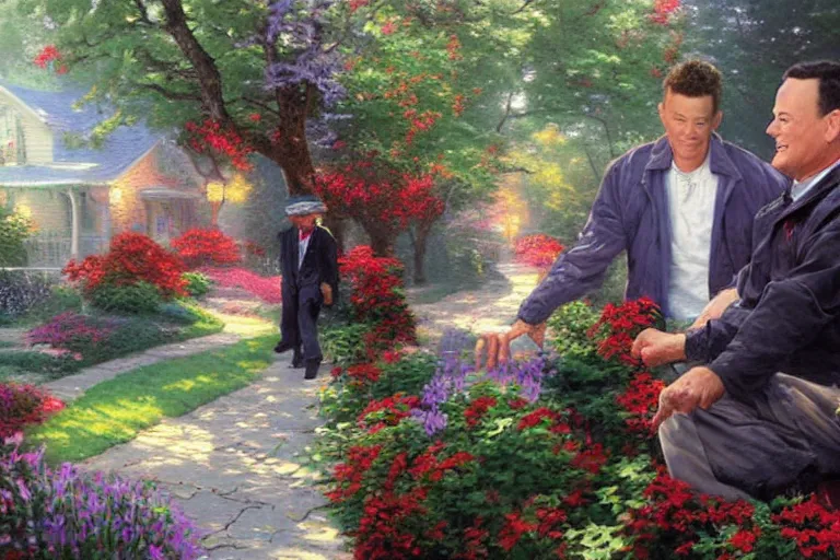 Prompt: thomas kinkade painting of tom hanks with bloods and crips