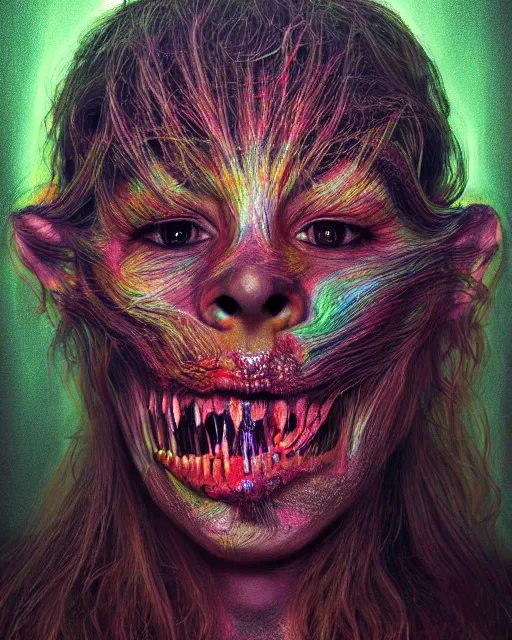 Image similar to realistic portrait of a creature experiment gone wrong, psychedelic, dark art, facing camera, photo realistic, detailed, 1 4 5 0, delicate, hyper realism, ultra realistic, 8 k