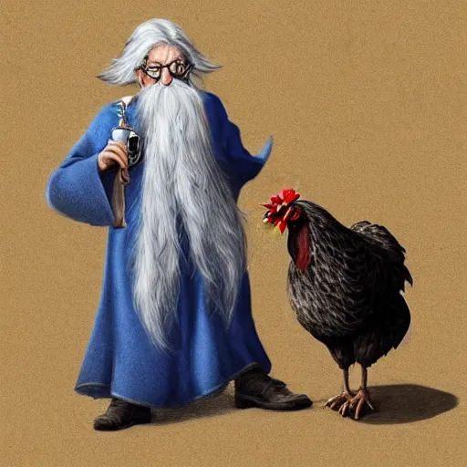 Prompt: character concept art of a kind old wizard with a long white beard looking a confused, holding a pet chicken perched top of his hat, wearing a blue robe, blue eyes, realistic, detailed, trending on ArtStation, by John Howe