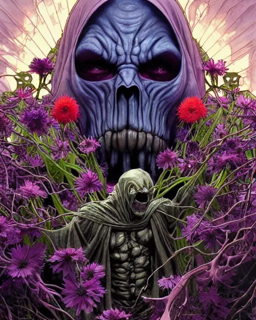 Image similar to the platonic ideal of flowers and roots of cletus kasady ultimate carnage thanos dementor doctor doom chtulu nazgul, detailed, intricate, hyperrealism, intense, scary, decay, dmt, art by brock hofer and artgerm and greg rutkowski and alphonse mucha