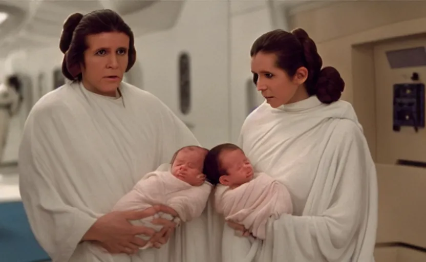 Image similar to screenshot of Princess Leia Organa holding a new born baby in a swaddle, standing next to Han Solo watching with his arms behind his back, pensive, iconic scene from 1980s Star Wars film directed by Ridley Scott, in a sci fi nursing home architecture, last jedi, 4k HD sharp, cinematic still frame, photoreal, detailed face, moody lighting, stunning cinematography, anamorphic lenses, kodak color film stock