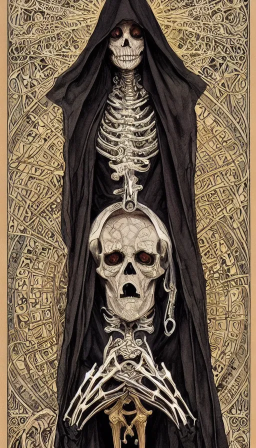 Image similar to a skeleton in a black cloak, highly detailed, very intricate, art nouveau, gold filigree, left right symmetry, tarot concept art watercolor illustration by mandy jurgens and alphonse mucha and alena aenami, featured on artstation