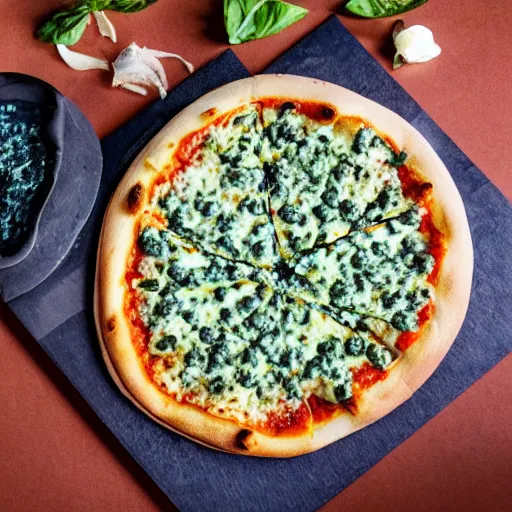 Prompt: a pizza with blue sauce and green cheese