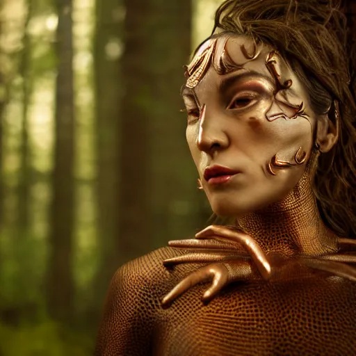 Image similar to highly detailed, ultra realistic, cinematic, woman full body with a copper nose and copper claws, high detail, 8 k, sharp focus, movie still, dramatic lighting, ray tracing, smooth, a female evil demonic character of kazakh mythology, jeztyrnak, standing in the night forrest