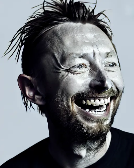 Image similar to a biomorphic portrait of thom yorke laughing, 4 k, octane high quality render