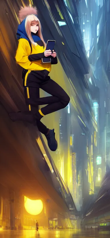 Image similar to a vtuber model concept art of a beautiful girl in a black and yellow hoodie holding an iphone, blue eyes, long hair, full body art, futuristic city background, artstation, digital art, commission art, style by jordan grimmer and greg rutkowski, 4 k resolution