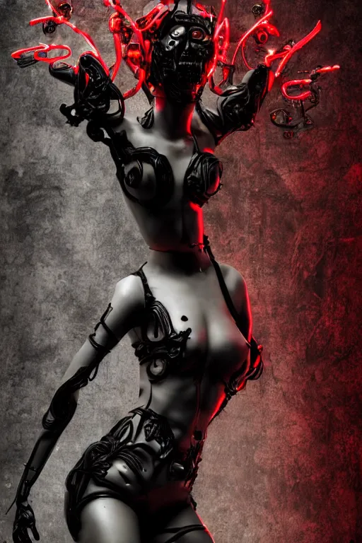 Prompt: full-body cyberpunk style sculpture of a young beautiful dark priestess, half android with a head opening exposing circuitry, glowing red eyes, black roses, flowing blood red colored silk, fabric, candles. baroque elements, human skull. full length view. baroque element. intricate artwork by caravaggio. crows flying in background. Trending on artstation, octane render, cinematic lighting from the right, hyper realism, octane render, 8k, depth of field, 3D