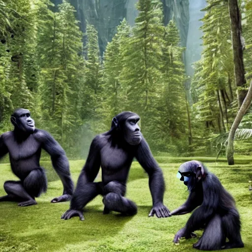 Image similar to a group of apes are filming a movie called planet of the humans, 4 k, detailed