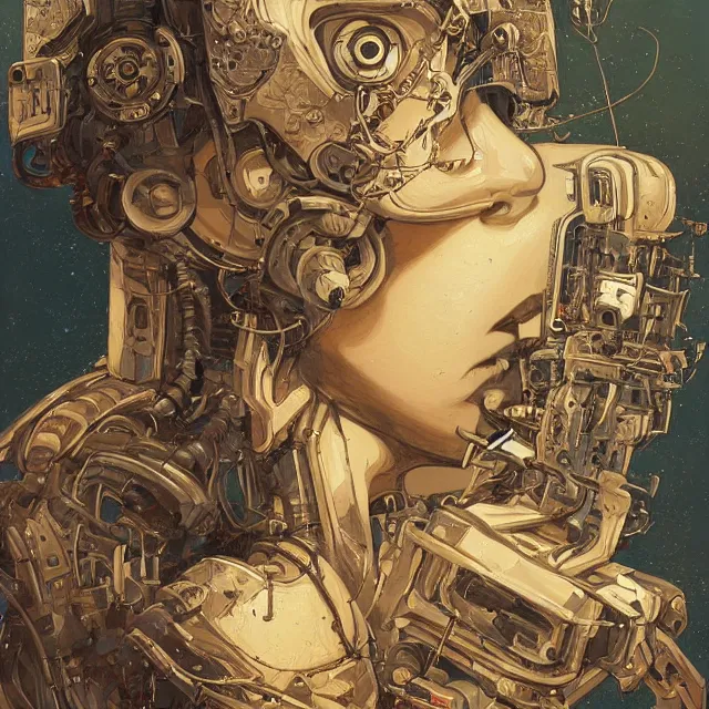 Image similar to robot artist painting a self - portrait on a canvas. intricate, highly detailed, digital matte painting, in the style of alexandros pyromallis, and in the style of sachin teng, and in the style of hans thoma, and in the style of luis royo. irony, recursion, inspiration.