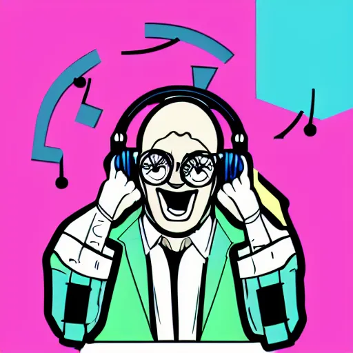 Image similar to svg vector sticker of absolutely insane-mad-scientist-villain, rocking out, wearing headphones, huge speakers, dancing, rave, DJ, spinning records, digital art, amazing composition, rule-of-thirds, award-winning, trending on artstation, featured on deviantart