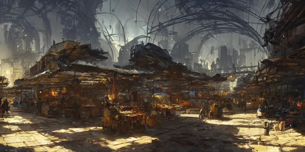 Image similar to screenshot of a marketplace in a honeycombed makeshift city, dappled light, colossal arcing metal megastructures high in the sky, beautiful, awe inspiring, fps, by james gurney, greg rutkowski, sparth, cinematography, cinematic masterpiece