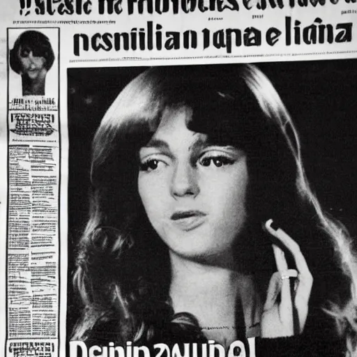 Image similar to front page of a French newspaper from 1977 with large headline declaring: Un scandale ! accompanied by a large photograph of brunette young beautiful fashionable slender pop star Daphne LaCroix covering her face from the flash of paparazzi bulbs