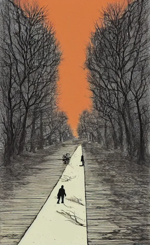 Image similar to alone man and woman walking away on a lonely road artwork in the style of ralph steadman, 8 k, hyperrealistic, hyperdetailed