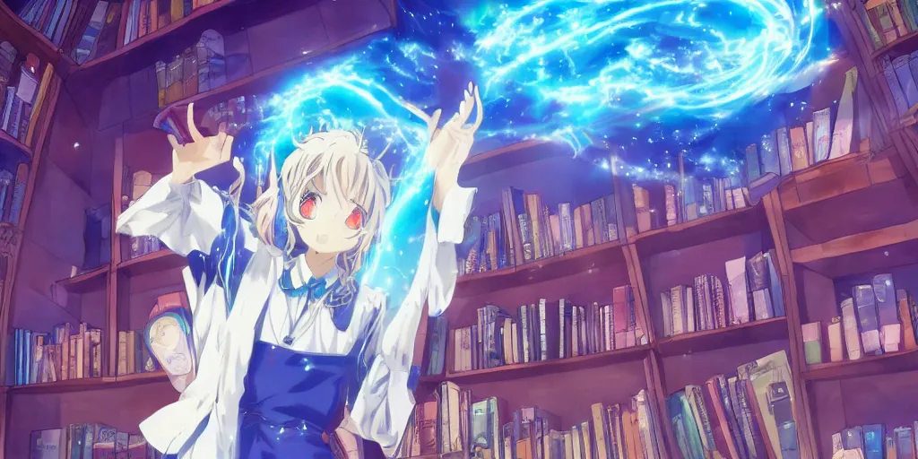 Prompt: a anime key visual of a magician girl in a magic library using a water spell from a book, trending on art station, studio ghibili, warm and blue tonality, symmetrical face,