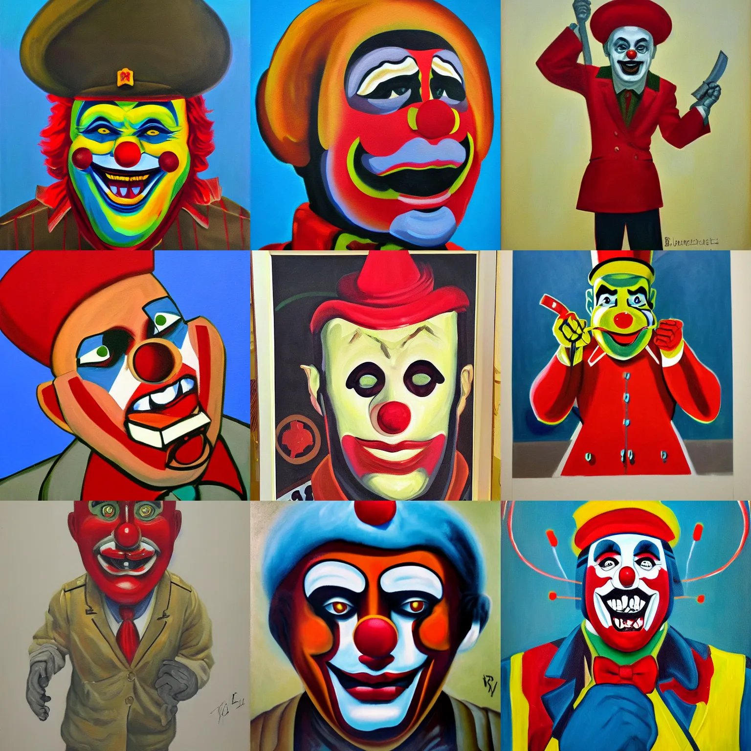 Prompt: painting of a soviet clown with chaotic evil intent, socialist realist style