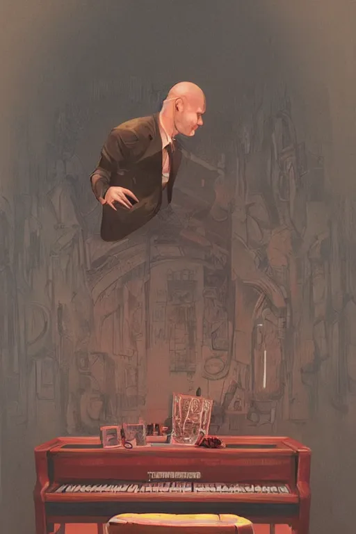 Prompt: an expressive full body portrait of agent 4 7 playing the piano in a monastery, dark background, red rim light, digital art, artstation, concept art by giger stalenhag